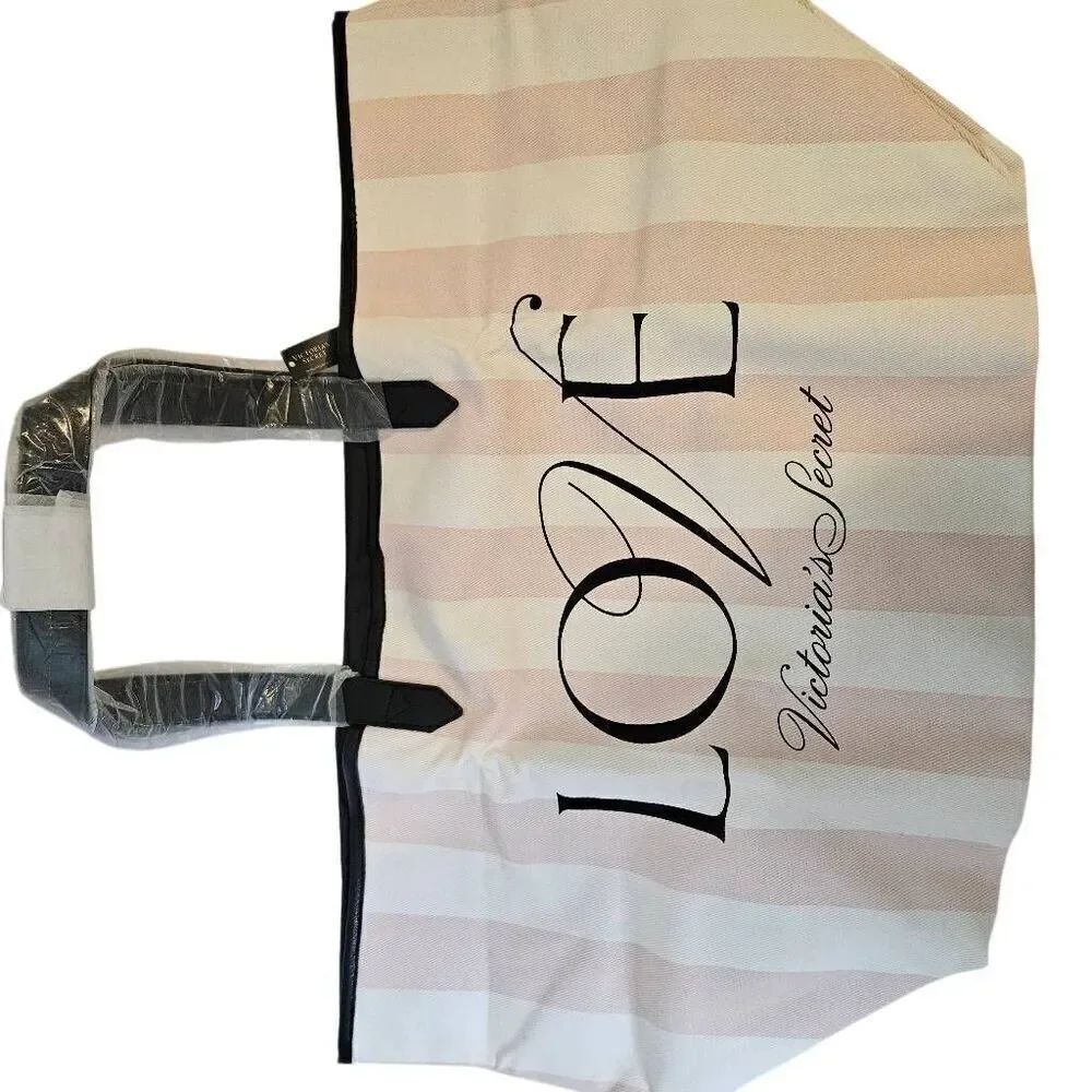 Victoria's Secret tote, pink and cream signature stripe "Love".